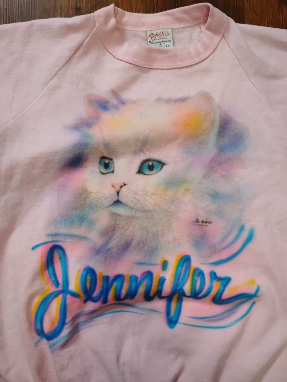 Vintage Air Waves Jennifer Cat Kitten Airbrush Crewneck Sweatshirt Short Sleeve